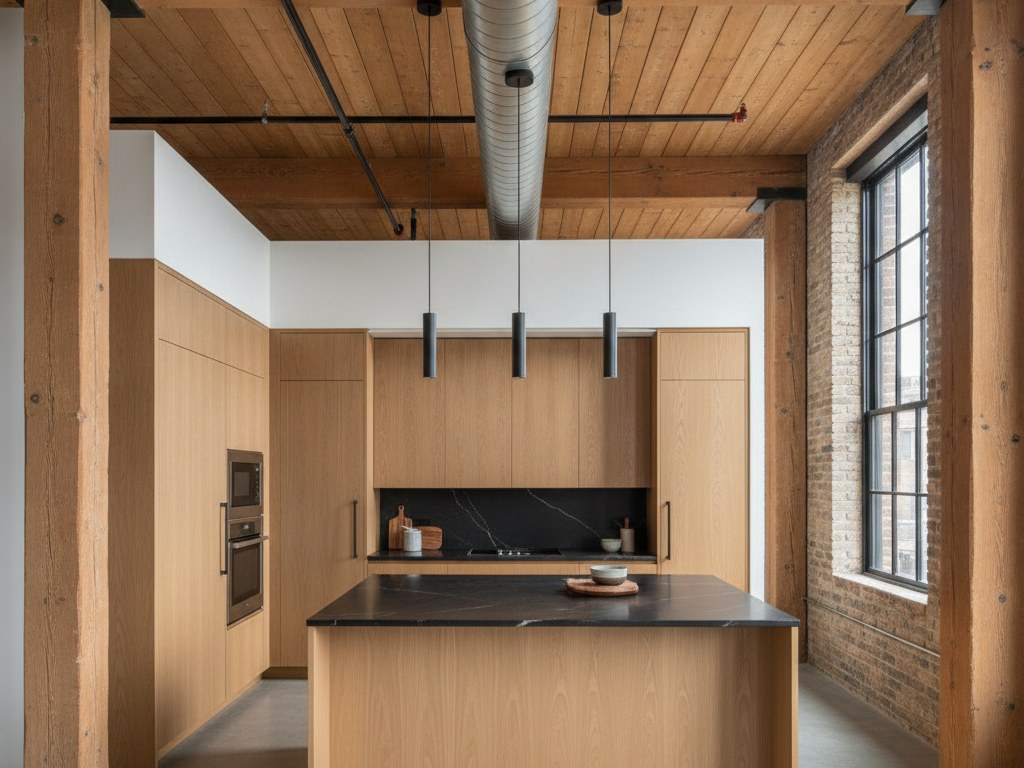 Open loft kitchen under a heavy-timber ceiling with exposed ductwork and pendant lights